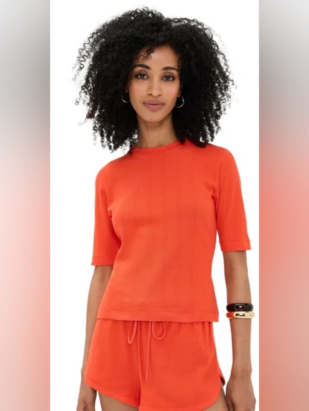 LE BOP Ada Orange Pointelle Scalipped T Shirt Size M